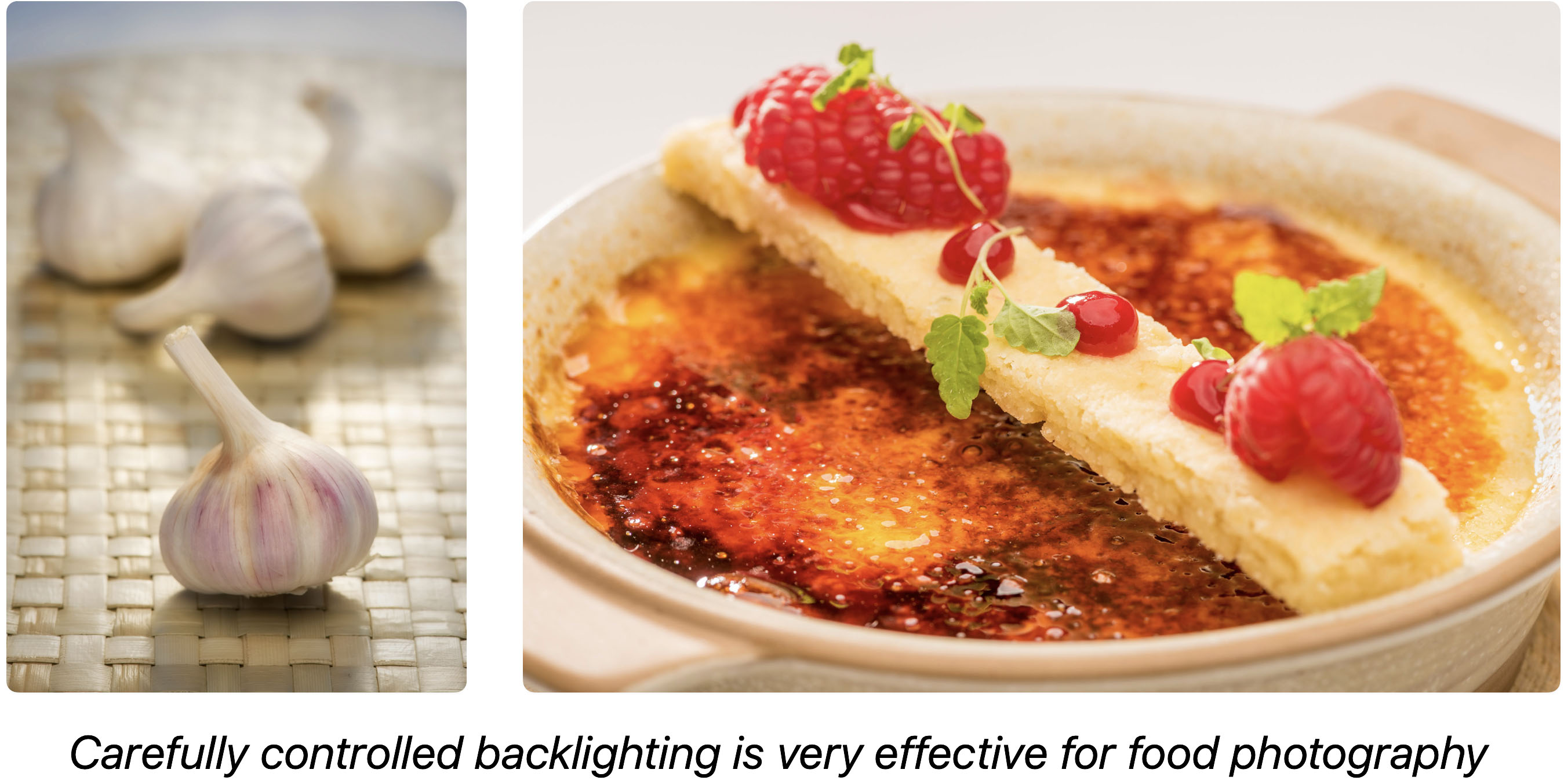 Carefully placed backlight making liquids glisten, highlighting textures.