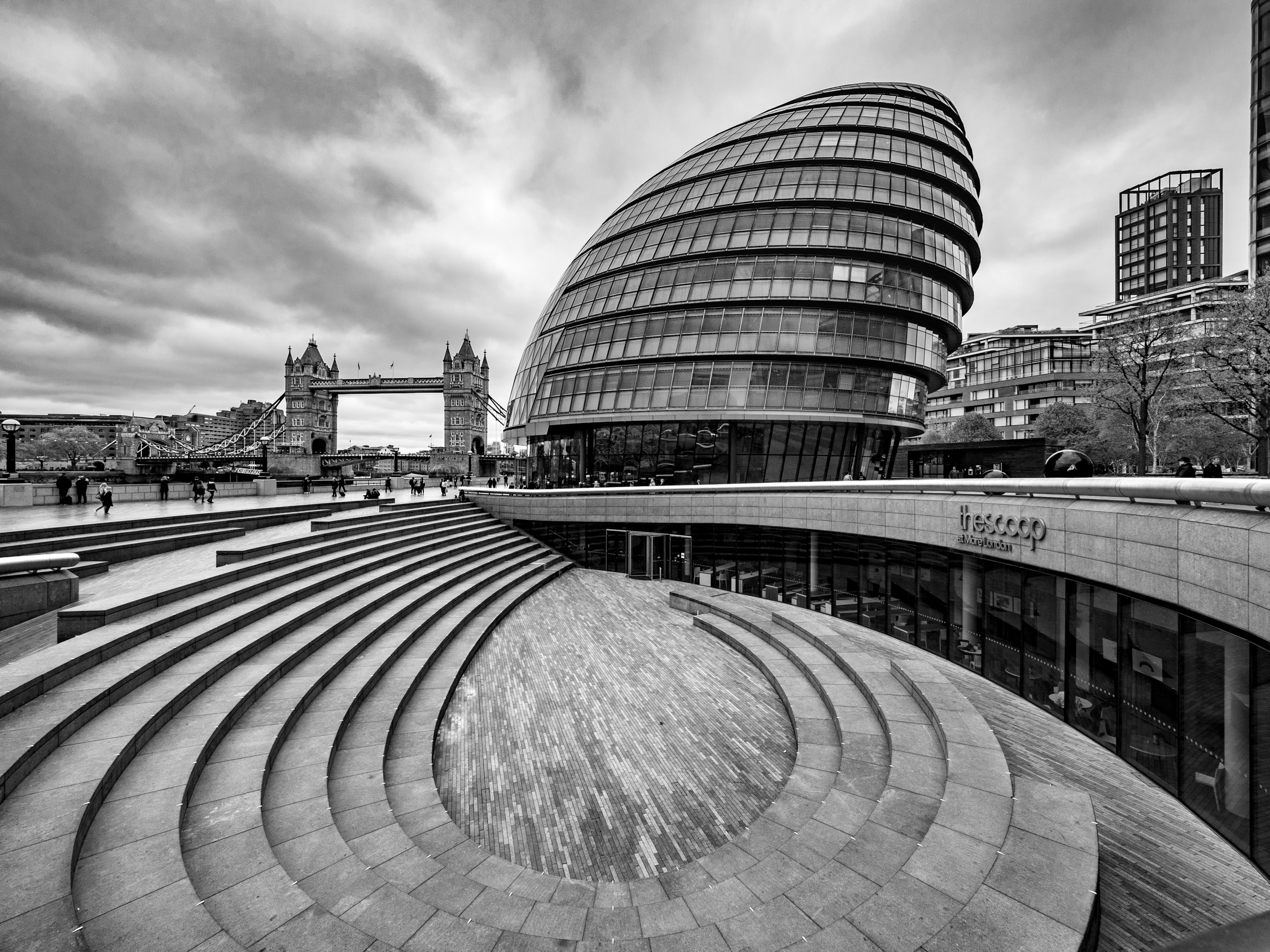 Street scene and architecture creatively distorted with the use of a wide-angle lens.