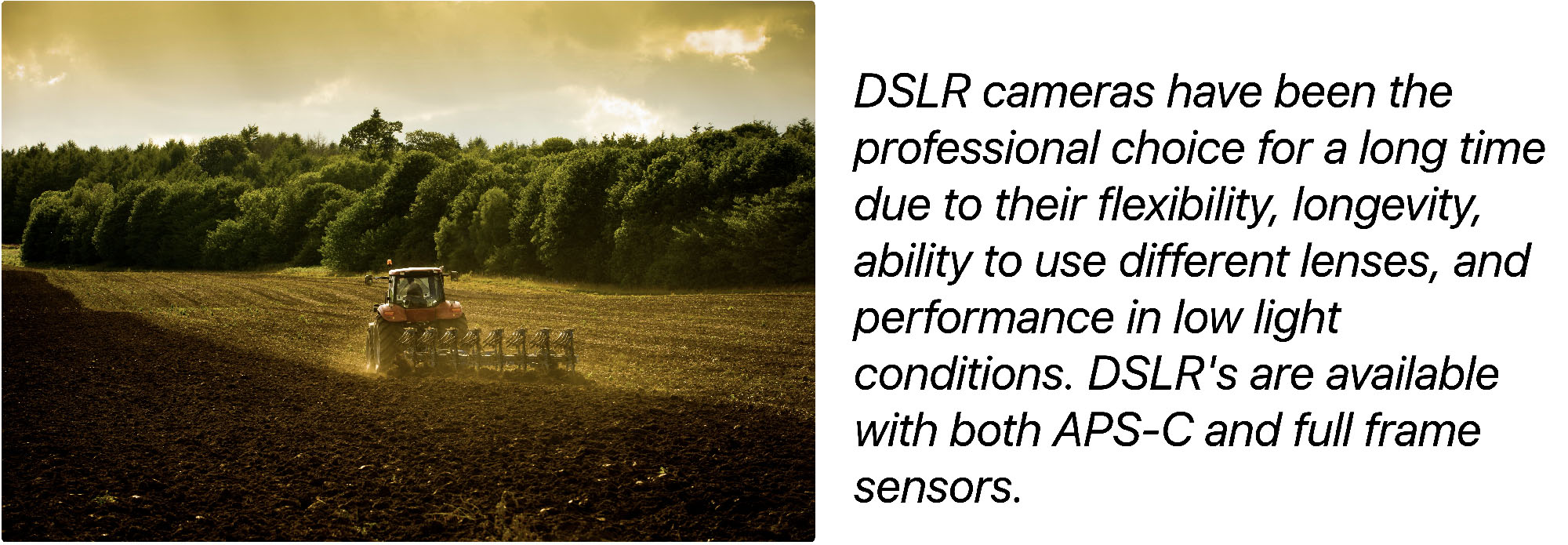 Tractor ploughing a field in the setting sun, shot on a DSLR camera.