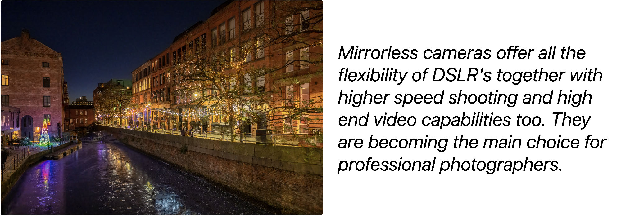 Manchester at night shot using a mirrorless camera.